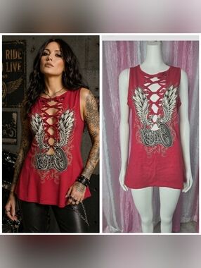 Platinum Plush Red Wings Biker Motorcycle Rhinestone Tank Top